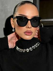 1pc Unisex Cat Eye Shaped PC Frame Glasses, Solid Color Retro Fashion Eyewear Suitable For Daily Wear - black gray - View 3