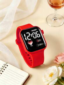 6 piezas Reloj deportivo para niñas con pantalla digital de corazón rojo LED con conjunto de joyería de mariposa con cuentas, para uso diario - Rojo - Ver 5