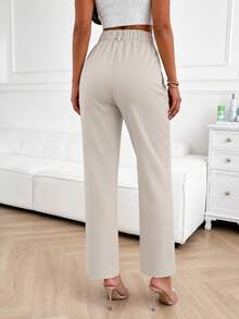 Europäische & amerikanische Große Größen Hochbund Rückseitiger elastischer Bund gerade Bein Anzughose, vielseitige Pendlerhose für Frauen, Frühling/Herbst Vintage elegant helles Khaki mit Knopf & Reißverschluss Bund, Damen Büro formelle Hose - Hellkhaki - Übersicht 4