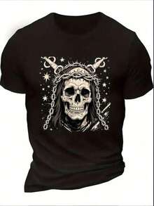 Men's And Women's Gothic Heavy Metal T-Shirt - Viking Skull With Thorns And Chains, Celtic Knot And Nordic Rune Print, Soft And Breathable Short-Sleeve Crew Neck T-Shirt, Suitable For Concerts, Gothic Rock Fans, Viking Costumes - Black And White Pattern - Negro - Ver 1