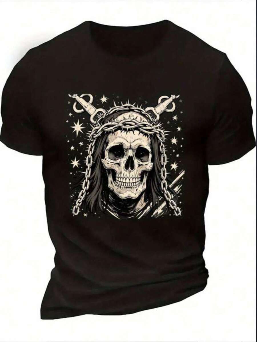 Men's And Women's Gothic Heavy Metal T-Shirt - Viking Skull With Thorns And Chains, Celtic Knot And Nordic Rune Print, Soft And Breathable Short-Sleeve Crew Neck T-Shirt, Suitable For Concerts, Gothic Rock Fans, Viking Costumes - Black And White Pattern - Negro - Ver 1