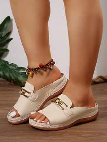 Wide Fit Summer New Fashion Casual Metal Buckle Decor Wedge Heel Sandals, Size 35-45, Comfortable Lightweight Versatile Beige Embossed Platform Sandals For Women - Beige Embossed - View 2