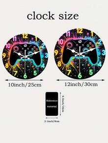 1 Stück Neon Licht Spielkontroller geformte Wanduhr - Farbenfrohe Retro Gaming Dekoration - Geeignet für Wohnzimmer, Schlafzimmer, Büro - Geschenk für Gamer, runde 2D Holz Wanduhr - Verschiedenfarbig - Übersicht 4