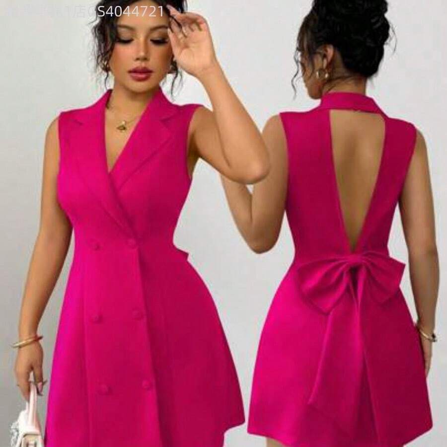 MewMuse. Nuevo vestido mini de mujer con diseño de lazo, de cuello de solapa, doble botonadura, escote en V profundo, sin mangas, ajustado, versátil para fiesta, cita, joven, elegante, pequeña y sexy - Rosa Fucsia - Ver 1