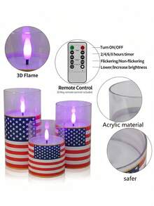 3pcs Flameless Candle Lights With Remote Control/Timer, Battery Operated Candles, Warm Light Candles For Tabletop Centerpiece Decor, Suitable For 4th Of July, Holiday Atmosphere Decoration - Purple Light - View 10