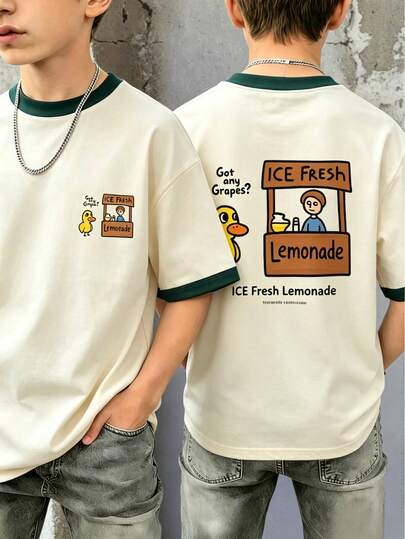 Children's Cute Duck & Lemon Print T-Shirt, Boys' Casual Color Block T-Shirt