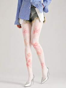 1pc Women's White & Pink Watercolor Floral Print Tights, Soft Floral Pattern Elastic Pantyhose, Sweet & Cute For Spring/Summer Vacation, Date, Daily Wear - White - View 4