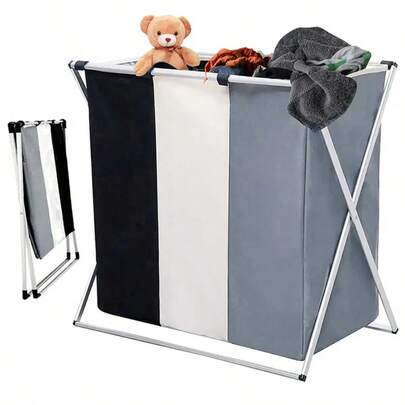 Cesta de ropa plegable, cesta de ropa sucia, recipiente de almacenamiento de ropa de lona multifuncional con 3 compartimentos 120L, para baño, balcón, cuarto de lavado