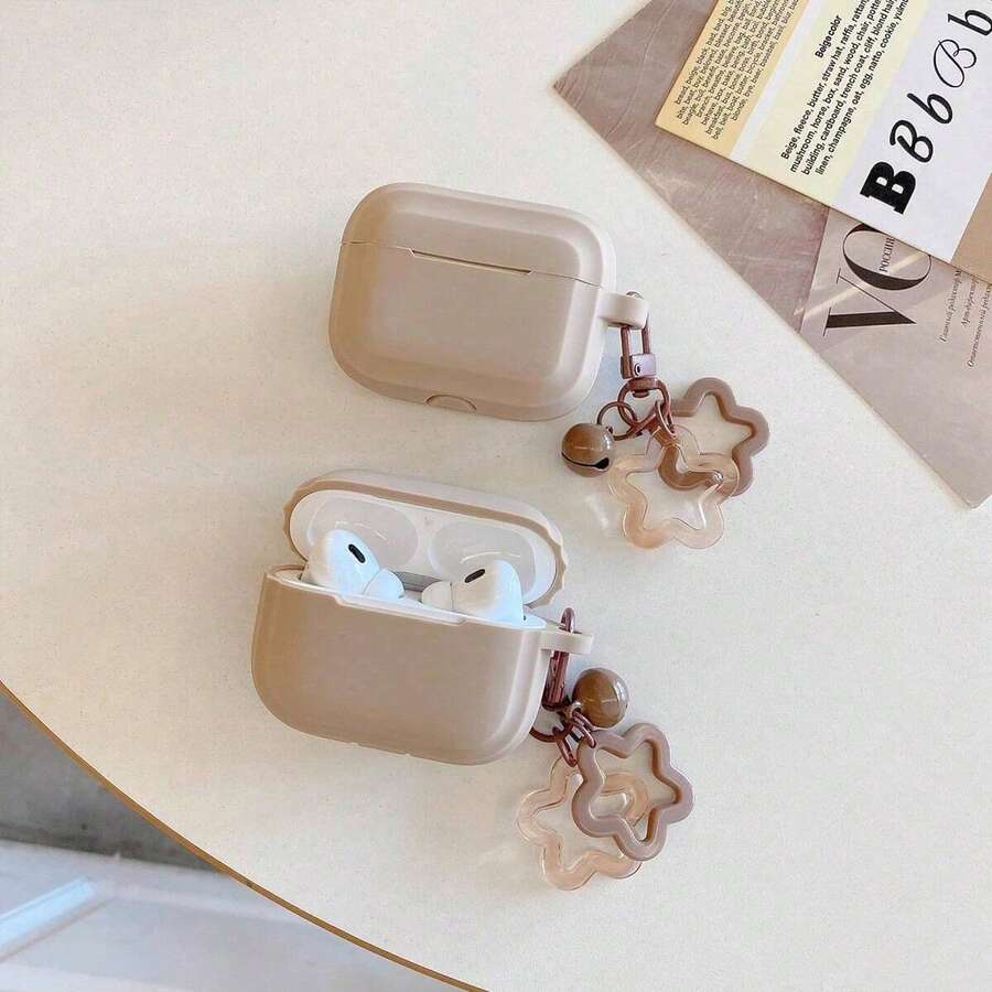 1pc Solid Color Rhombus Silicone + Star Charm Earphone Case, Compatible With Apple 2/3/Pro/Pro 2/Pro 3, Silicone Anti-Drop Protective Cover - Milk Tea Color - View 1