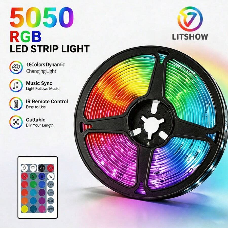شريط إضاءة LED مع جهاز تحكم عن بعد ب- 24 مفتاح، شريط إضاءة LED متغير الألوان RGB، إضاءة خلفية للتلفزيون تعمل بالطاقة USB، إضاءة الخزانة والسطح والمكتب، إضاءة الغرفة والنوم والحفلات والإضاءة المحيطة الداخلية - متعدد الألوان - مشاهدة 1