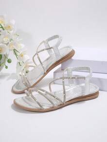 Silver Rhinestone Elastic Band Sandals For Women, Cross Strap Design Flat Shoes, Vacation Style Fairy Roman Sandals,Summer Shoes - Silver - View 6