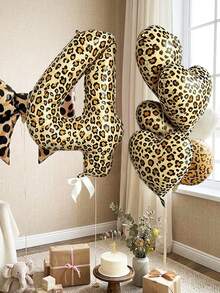 Set de 5 piezas de globos con estampado de leopardo con números y con forma de corazón, incluye globos con números de leopardo de 40 pulgadas y 4 globos con forma de corazón con estampado de leopardo, adecuado para fiestas de cumpleaños, despedidas de soltero, decoración de fiestas con tema de leopardo, bodas, duchas nupciales, graduaciones, decoración de habitaciones, fiestas de despedida y otros eventos con temas de animales de la selva - Multicolor - Ver 7