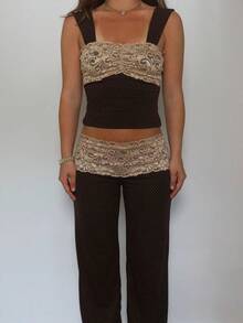 Two Piece Pajama Set For Women Lace Trim Contrast Color Sleeveless Camisole With Wide Leg Pants In Brown - 棕色 - 查看 5