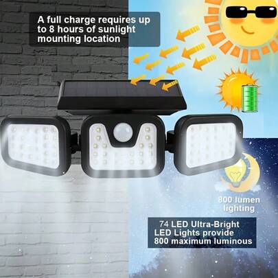 IP65 防水太陽能壁燈 74 顆 LED 270° 廣角 3 頭感應燈 附遙控器 戶外庭院安全照明燈