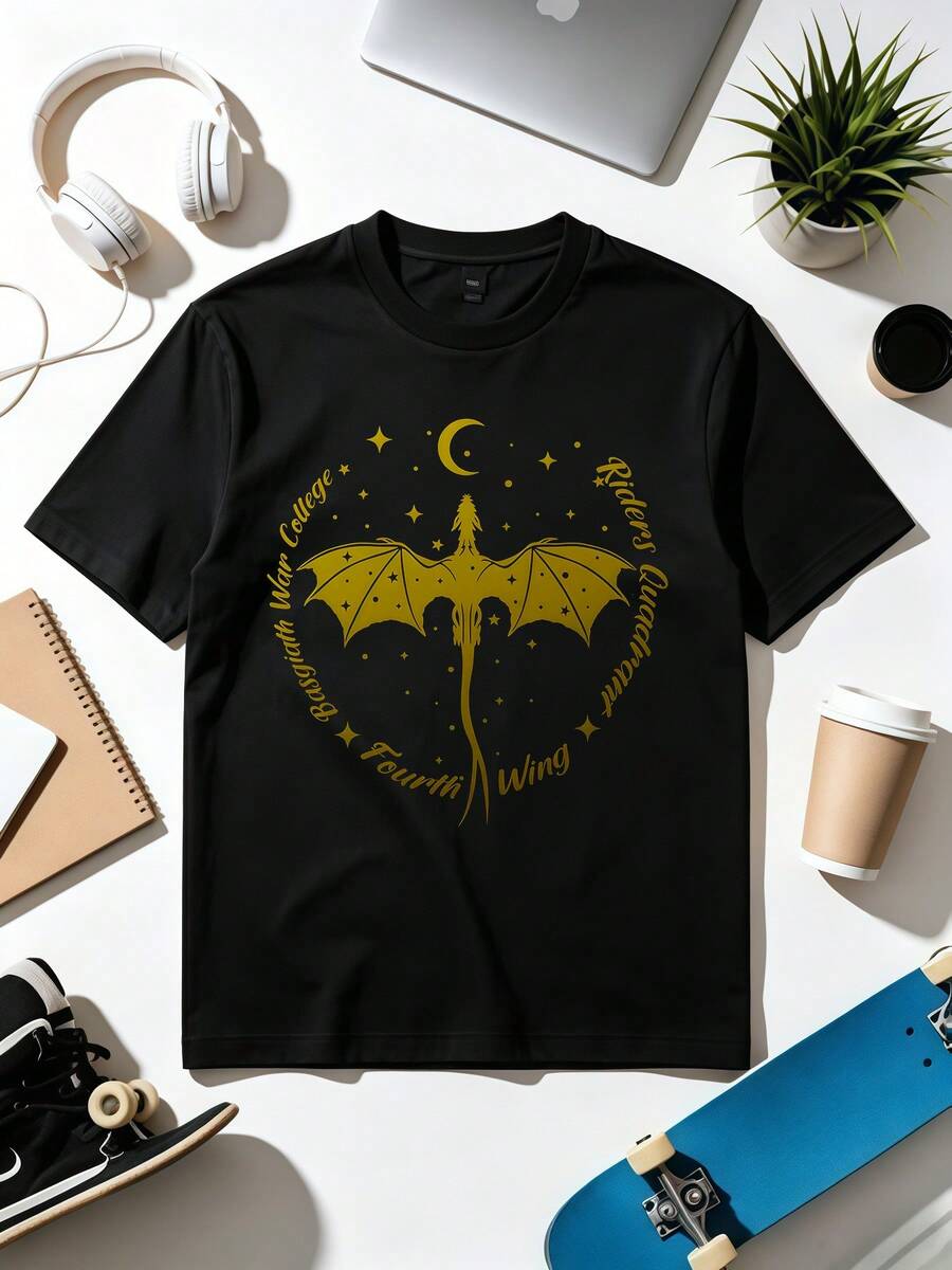 Emblem Of The Basgiath War College, Fourth Wing Group. Soft, Loose, Everyday Casual T-Shirt. - Black - View 1