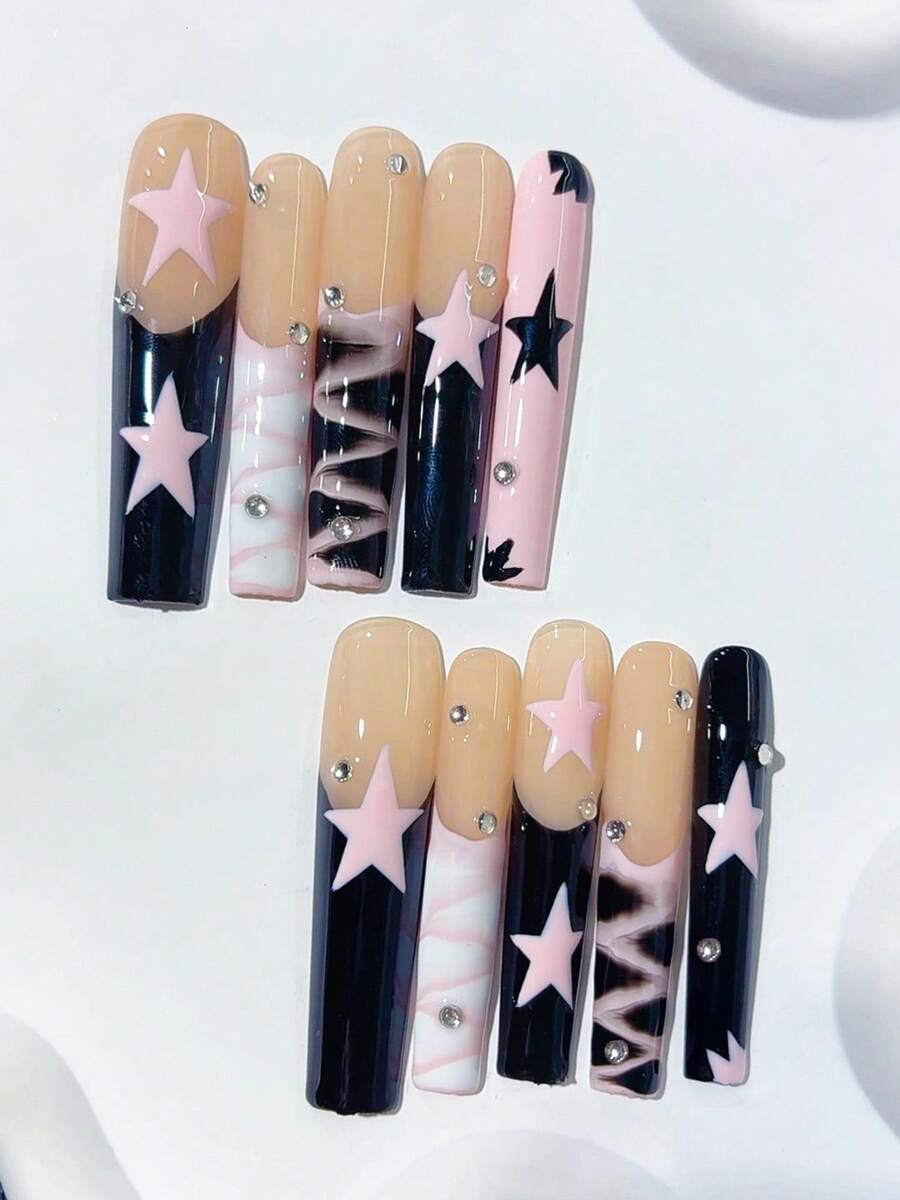 10 pièces autocollants pour ongles Y2K mignons faits à la main en forme de cercueil allongé rose & noir, manucure française, pointes françaises peintes à la main, étoiles roses, décoration de diamants; fournitures d'art pour ongles, autocollants pour ongles acryliques, ongles DIY, convient pour les vacances, les anniversaires, les fêtes, le port quotidien; comprend 1 pièce feuille d'autocollants pour ongles et 1 pièce mini lime à ongles, ongles à presser faits à la main - Rose pâle - Voir 1
