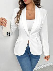 xheSHEIN PETITE Chaqueta de traje negro de solapa y un solo botón, adecuada para usar en otoño e invierno durante el trayecto al trabajo.xhe - Blanco - Ver 1