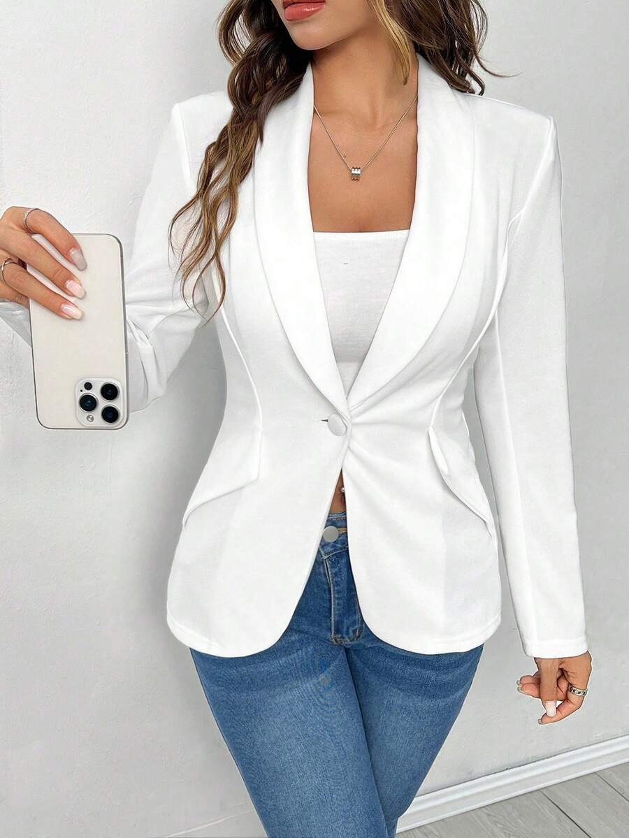 xheSHEIN PETITE Chaqueta de traje negro de solapa y un solo botón, adecuada para usar en otoño e invierno durante el trayecto al trabajo.xhe - Blanco - Ver 1