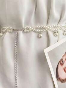 1pc Women's Fashionable Gold Pearl Waist Chain, Versatile Accessory To Pair With Dresses, Shirts, Sweaters - White - View 1