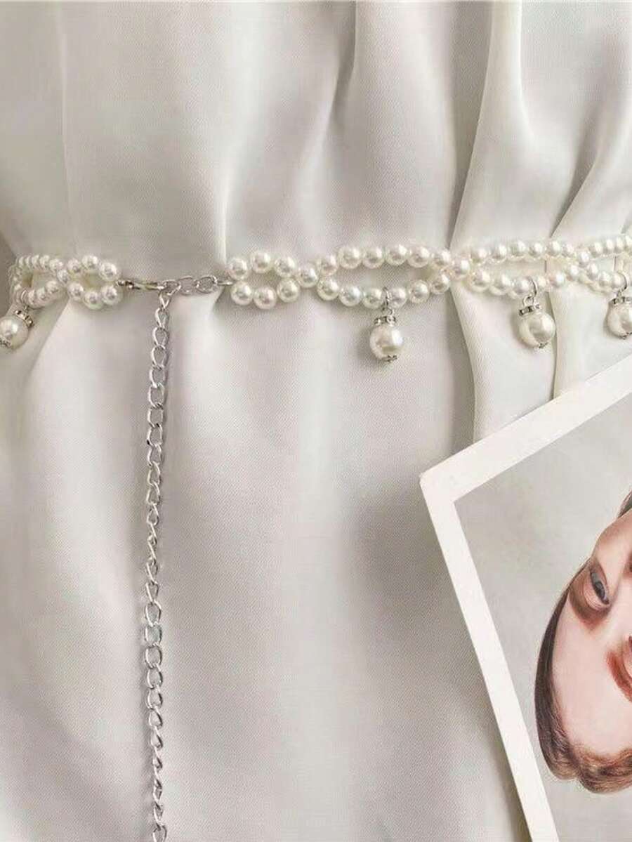 1pc Women's Fashionable Gold Pearl Waist Chain, Versatile Accessory To Pair With Dresses, Shirts, Sweaters - White - View 1