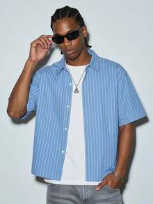 Modcrash Men's Casual Loose Striped Short Sleeve Shirt, Spring To Summer - Dusty Blue - View 1