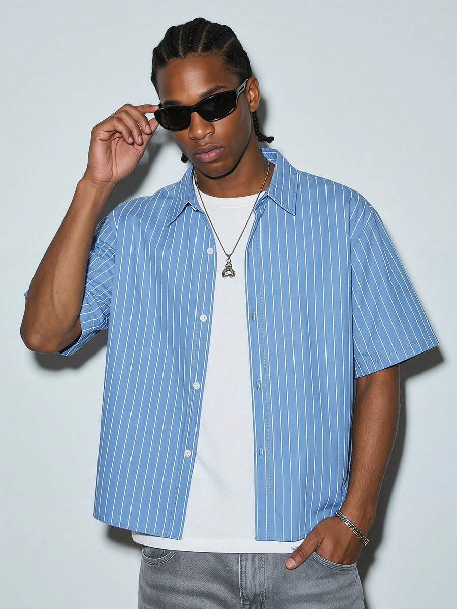 Modcrash Men's Casual Loose Striped Short Sleeve Shirt, Spring To Summer - Dusty Blue - View 1
