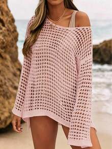 Women's White V Neck Off Shoulder Beach Cover Up, Loose Casual Swimsuit Coverup Dress, Lightweight Breathable Crochet Knit Beachwear, Summer Vacation Pool Resort Wear, Soft Comfy Bathing Suit Cover Ups - 粉色 - 查看 6