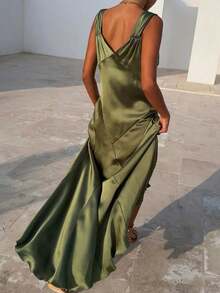 Satin Slip Dress V-Neck Knot Strap Slit Maxi Dress - Verde Oliva - Ver 5