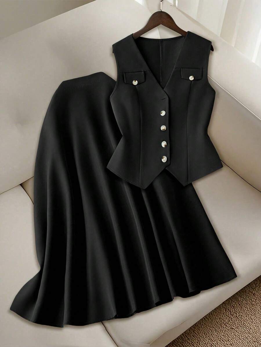 xheGlowEve Conjunto de top sin mangas de cuello en V con cintura ceñida y falda larga de línea A de unicolor, elegante y de moda para uso casual y viajesxhe - Negro - Ver 1