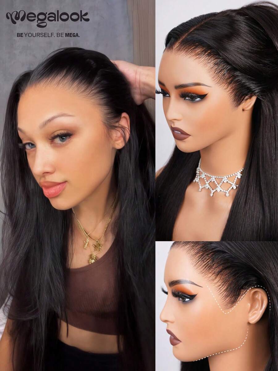 MEGALOOK Tóc giả 100% tóc thật 13x6 Lace Straight, Lace Front từ tai đến tai, đã nhổ sẵn, tẩy nút tóc, không dùng keo, ren trong suốt, màu đen tự nhiên, mật độ 180%, dài 18-30 inch, phù hợp cho người mới bắt đầu, đeo hàng ngày