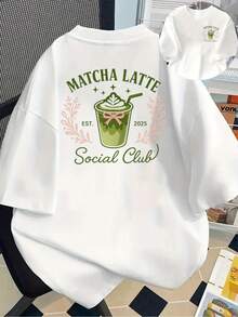 Printed On The Front And Back, Fashionable Short-Sleeved T-Shirt, A Summer Essential, MATCHA LATTE, EST. Women's Casual Long-Sleeved Round Neck Printed Top 2025 - Women's Clothing, Comfortable Fit, Classic Design - 白色 - 查看 8