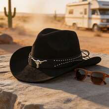 Men Women Western Cowboy Hat, Wide Brim Cowgirl Hat With Bull Head Buckle Leather Band, Ranch Style Hat For Rodeo, Country Concert, Party & Daily Wear - Black - View 9