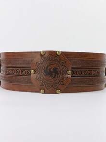 1pc Medieval Viking Fantasy Wide PU Leather Belt, Phoenix Embossed Waist Cincher, Suitable For Renaissance Fair, LARP, Cosplay And Halloween - Brown - View 6