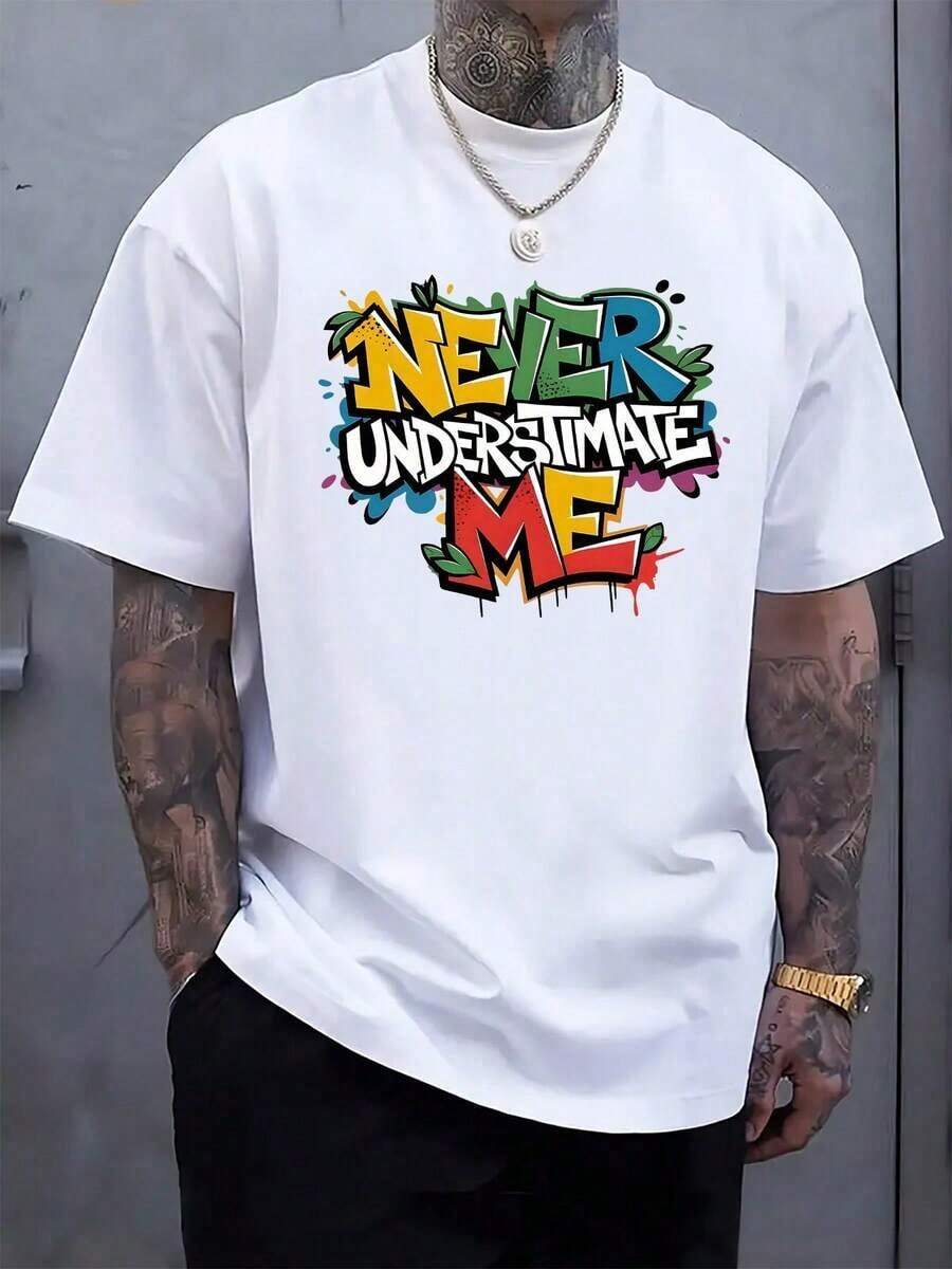 Men's Casual T-Shirt With Motivational Graffiti Print "Never Underestimate My Strength" - Light Gray, Regular Fit, Short Sleeve, Summer Clothing, Motivational Items | Casual Style T-Shirt - Unisex Vintage Urban Style, Loose Fit, Cotton, Short Sleeve, Crew Neck, Fashion - 白色 - 查看 1