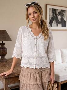Cubierta de Playa Estilo Bohemio de Verano con Encaje - Cuello en V Manga 3/4 Ropa de Vacaciones & Resort - Blanco - Ver 4