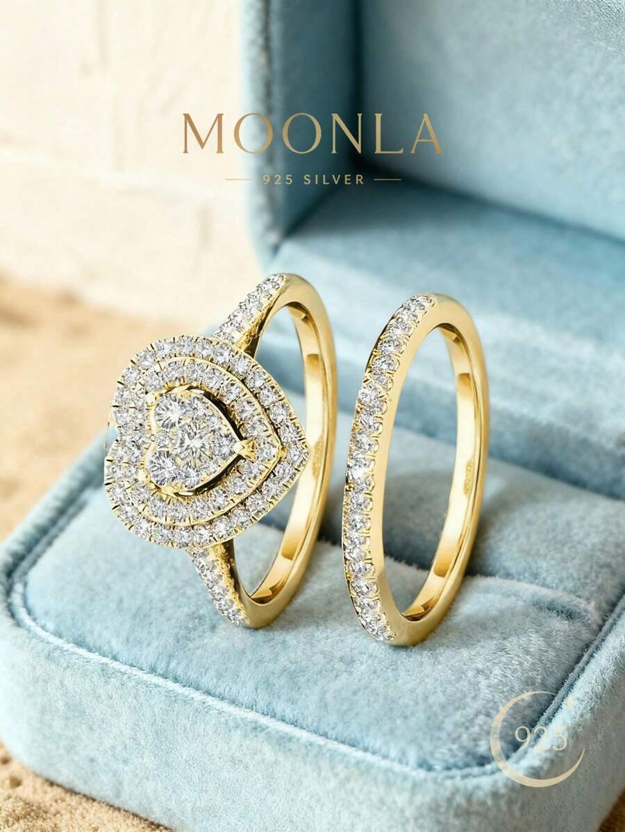 Bộ 2 nhẫn hình trái tim bằng bạc 925 đính đá Cubic Zirconia lấp lánh - Phụ kiện đa năng dành cho nữ, phù hợp cho đi làm hàng ngày và dự tiệc, món quà thanh lịch chất lượng cao.