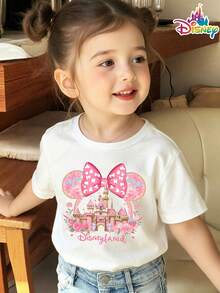 Disney "Castle Princess" Themed Short-Sleeved T-Shirt For Girls, Minnie Mouse Bow Print Top, Dreamy Pink Design, Suitable For Children's Playgrounds/Birthday Parties/Everyday Wear, Sweet And Cute Style. - trắng - Xem 1