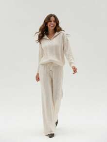 Knitted Set With Zippered Blouse And Pants. - Cream - View 1