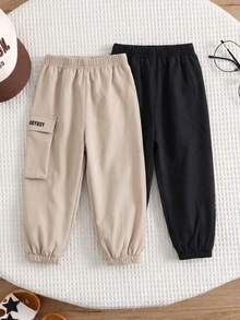 2 piezas Conjunto de pantalones casuales de verano de tela tejida con cordón para niños pequeños - Multicolor - Ver 2