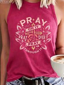 Leisure "Pray, Pray, Pray" Christian Faith Inspirational Graphic Print Tank Top-Women's Casual Sleeveless Tank Top, Soft,Breathable Fit Summer T-Shirt - 玫紅色 - 查看 1