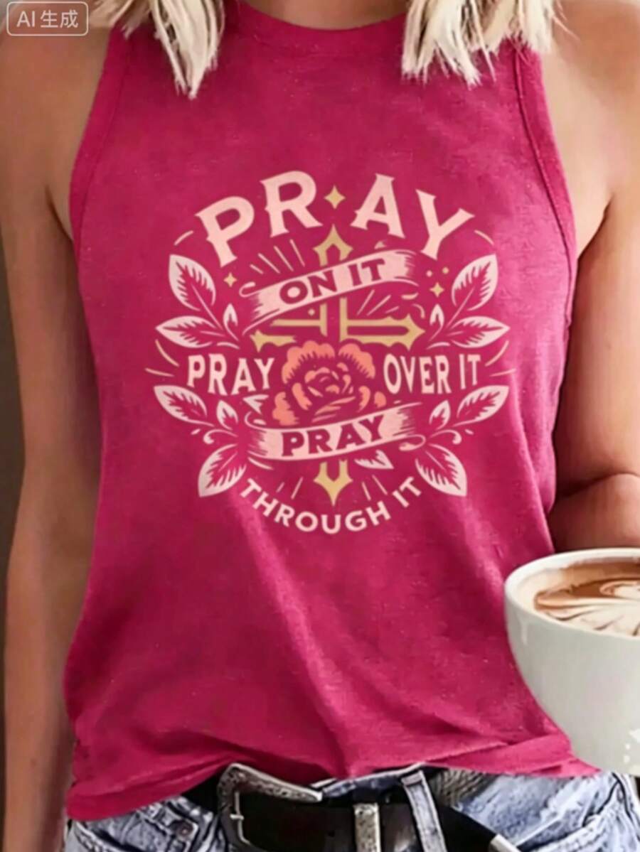 Leisure "Pray, Pray, Pray" Christian Faith Inspirational Graphic Print Tank Top-Women's Casual Sleeveless Tank Top, Soft,Breathable Fit Summer T-Shirt - 玫紅色 - 查看 1
