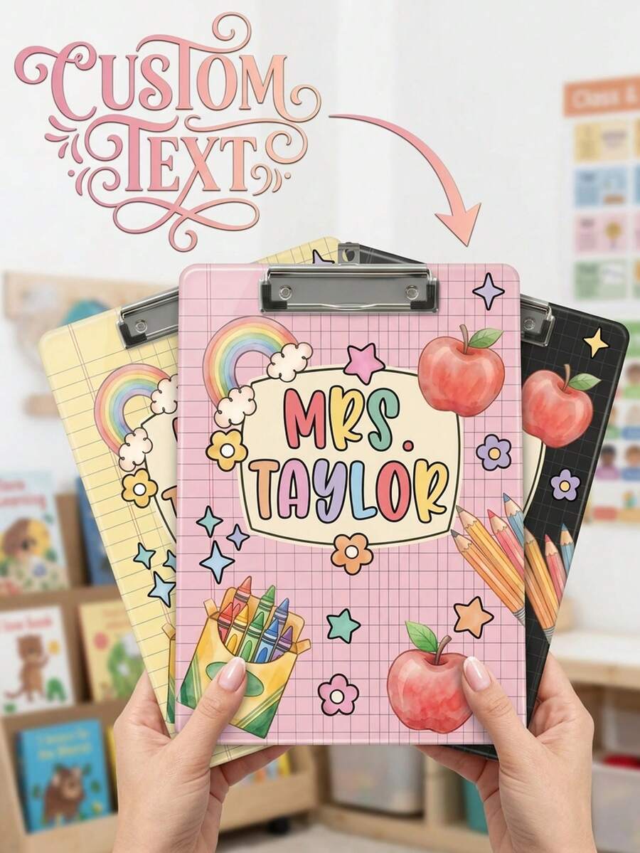 1pc Personalized Teacher Clipboard With Name, Custom Retro Doodle Acrylic Clipboard, Cute Rainbow & Apple Pattern, Notebook Grid Background Design, Back To School Gift, Teacher Appreciation, End Of Year Gift For New Teachers - Multicolor - View 1
