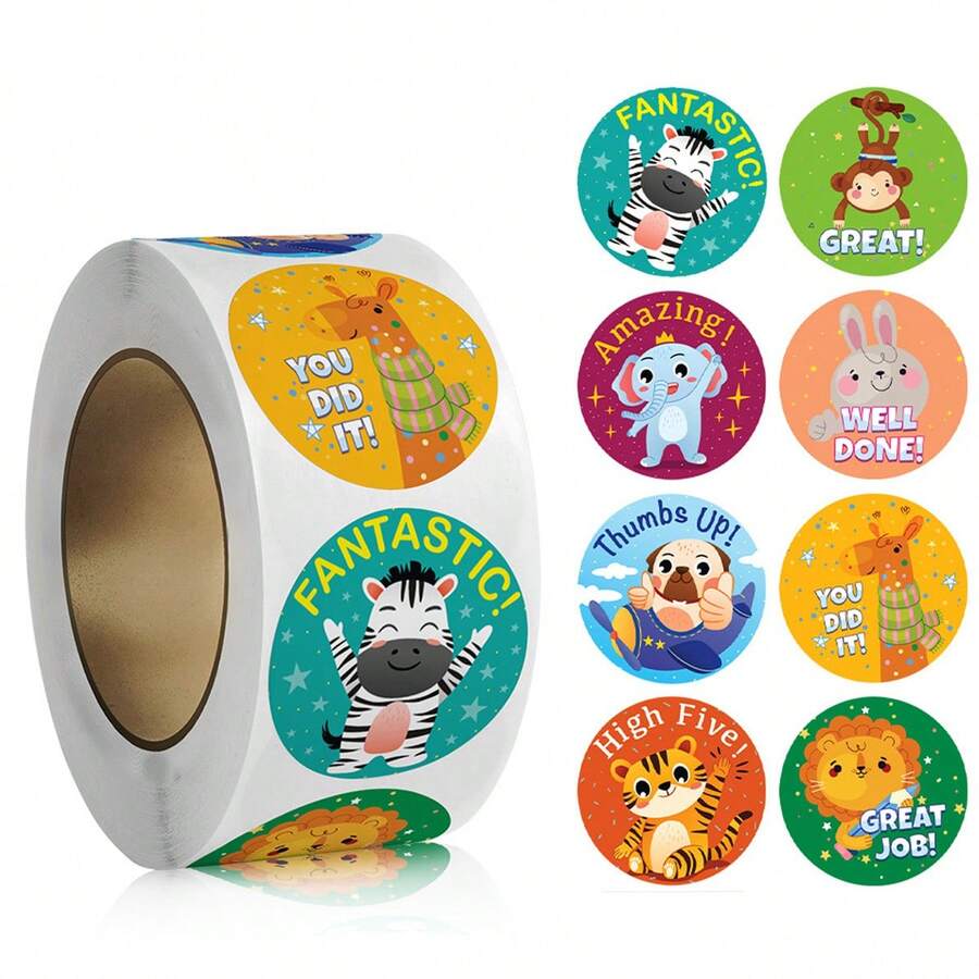 500 pièces/rouleau Autocollants d'encouragement animal en anglais, autocollants de récompense auto-adhésifs, autocollants de scellage, 2,5 cm Fournitures scolaires - A - Voir 1