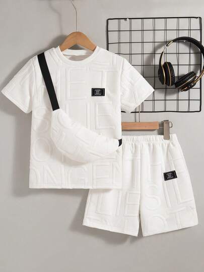 2pcs Toddler Boys' Casual Solid Color Pattern Short Sleeve T-Shirt And Shorts Set With Pouch, Summer