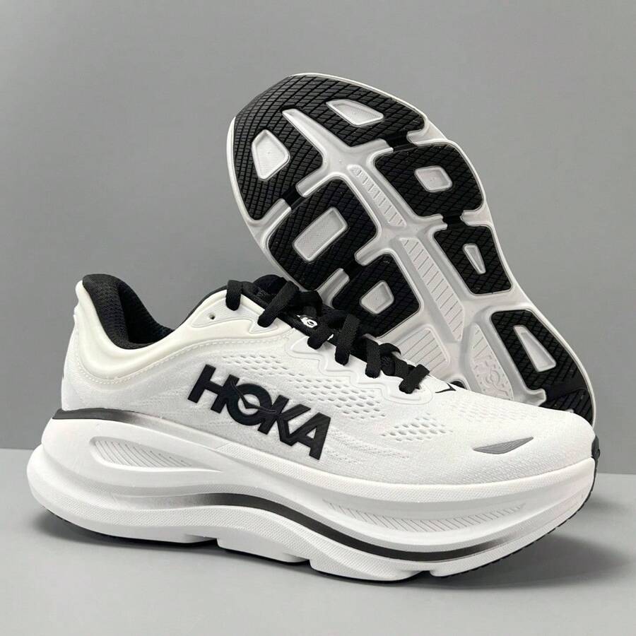 Hoka One One Bondi 9 道路跑鞋，透氣、輕量、緩震、防滑，適合四季穿著，白色，全天舒適 - 白黑色 - 查看 1