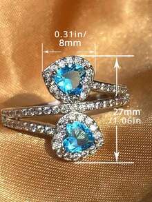 1pc Women's Blue Cubic Zirconia Cross Ring, Double Heart Design, Anniversary Gift, Without Gift Box - Blue - View 3