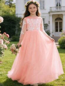 Girls' Floral Embroidered Bowknot Long Sleeve Mesh Formal Dress, Suitable For Flower Girl, Wedding, Festival, Prom, Spring/Summer - Baby Pink - View 1