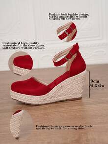 Sandal đế xuồng mùa hè nữ, giày đế xuồng đen, sandal đế xuồng giả da, giày cao gót đế xuồng 3.54 inch xỏ chân mũi vuông có quai cổ chân, giày đi biển đan rơm thoải mái, giày đục lỗ, size 34-43 size lớn & size thường - Đỏ - Xem 4