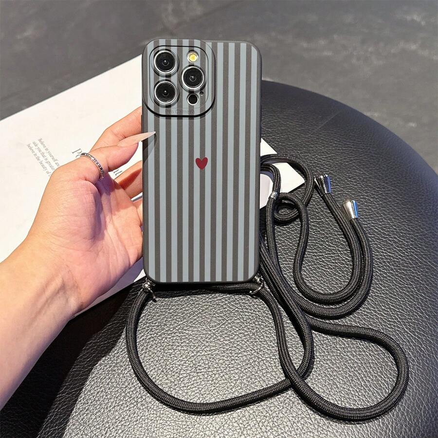 Casing Ponsel dengan Tali Gantungan yang Praktis, Tali Gantungan yang Dapat Diatur, dan Tali Bahu, Desain Hati Hitam Minimalis, Casing Pelindung TPU Ringan dan Tahan Guncangan untuk Ponsel Apple - MultiWarna - View 1