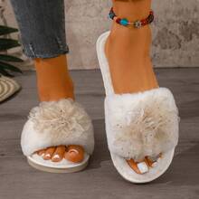 Women's Fashion Flower Decor Rhinestone Plush House Slippers, Fluffy Warm And Comfortable Indoor/Outdoor Slippers For Women, Suitable For All Seasons - White - View 2